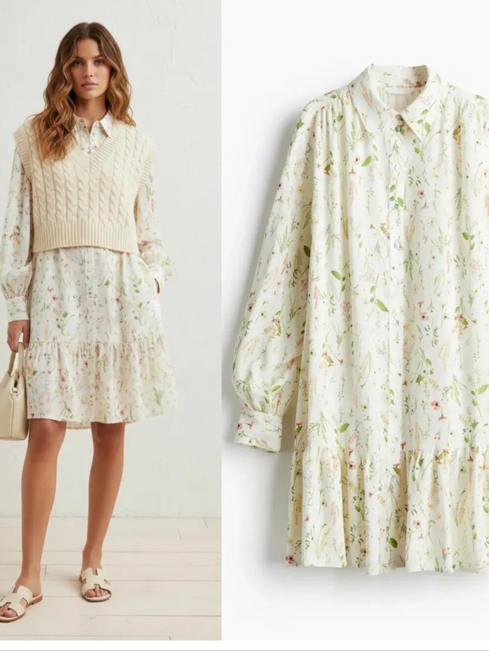 H&M Cream Floral Ruffle-Hem Dress